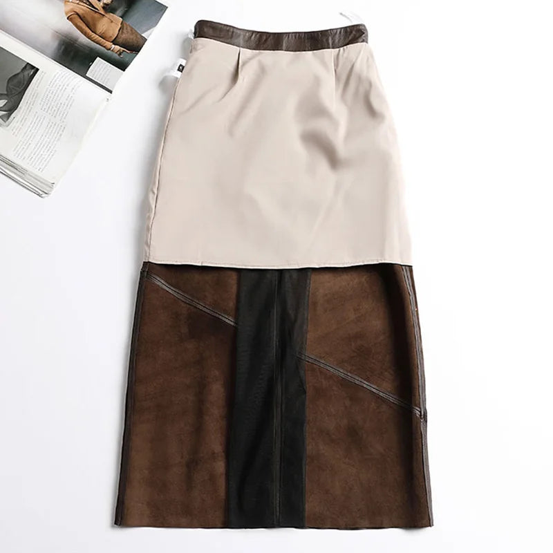 High Waist Split Sheepskin Leather Skirt – Women's Genuine Leather A-Line Skirt