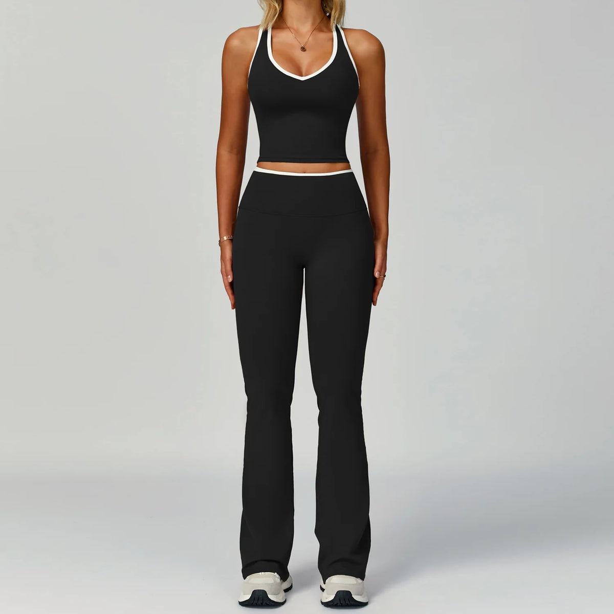 Contrast Colour Yoga Two-Piece Set — Seamless Vest & High-Waist Pants for Women