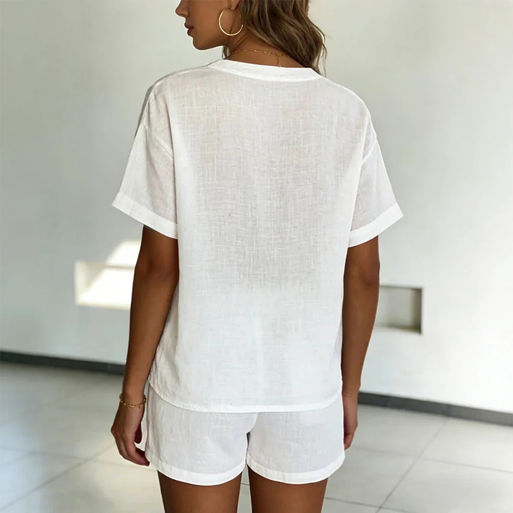 Women's Casual Cotton V-Neck Shorts Set