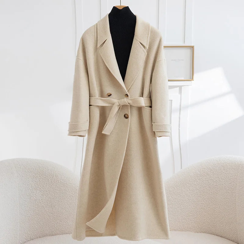 Women's Long Wool Coat | Double-Breasted V-Neck | Windia