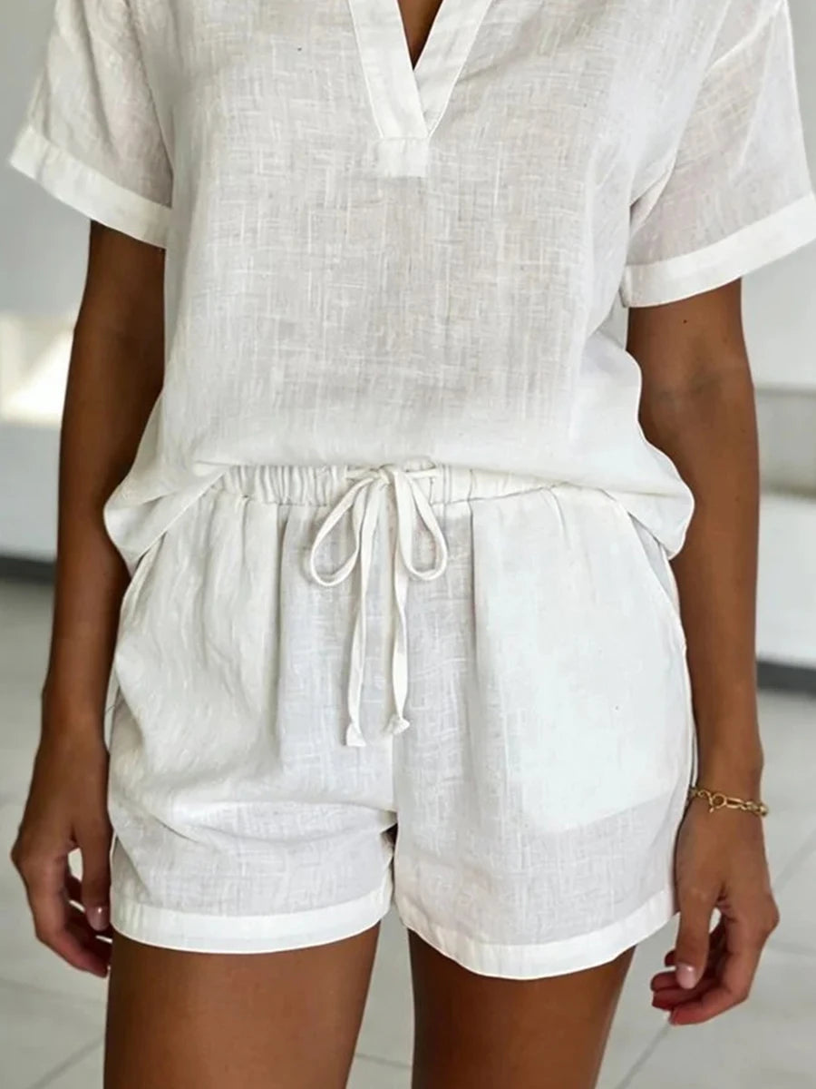 Women's Casual Cotton V-Neck Shorts Set