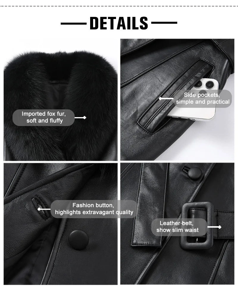 Fox Fur Collar Genuine Sheepskin Leather Coat – Women's Winter Jacket