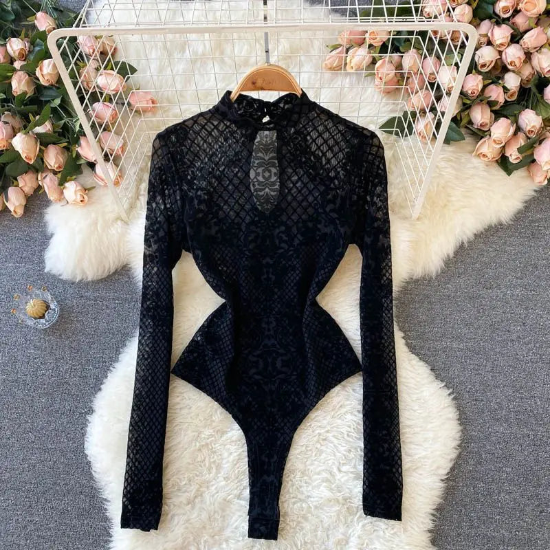 Women's Lace Mesh Jumpsuit – Long Sleeve O-Neck Slim-Fit Embroidered Bodysuit | Variant Colour Black