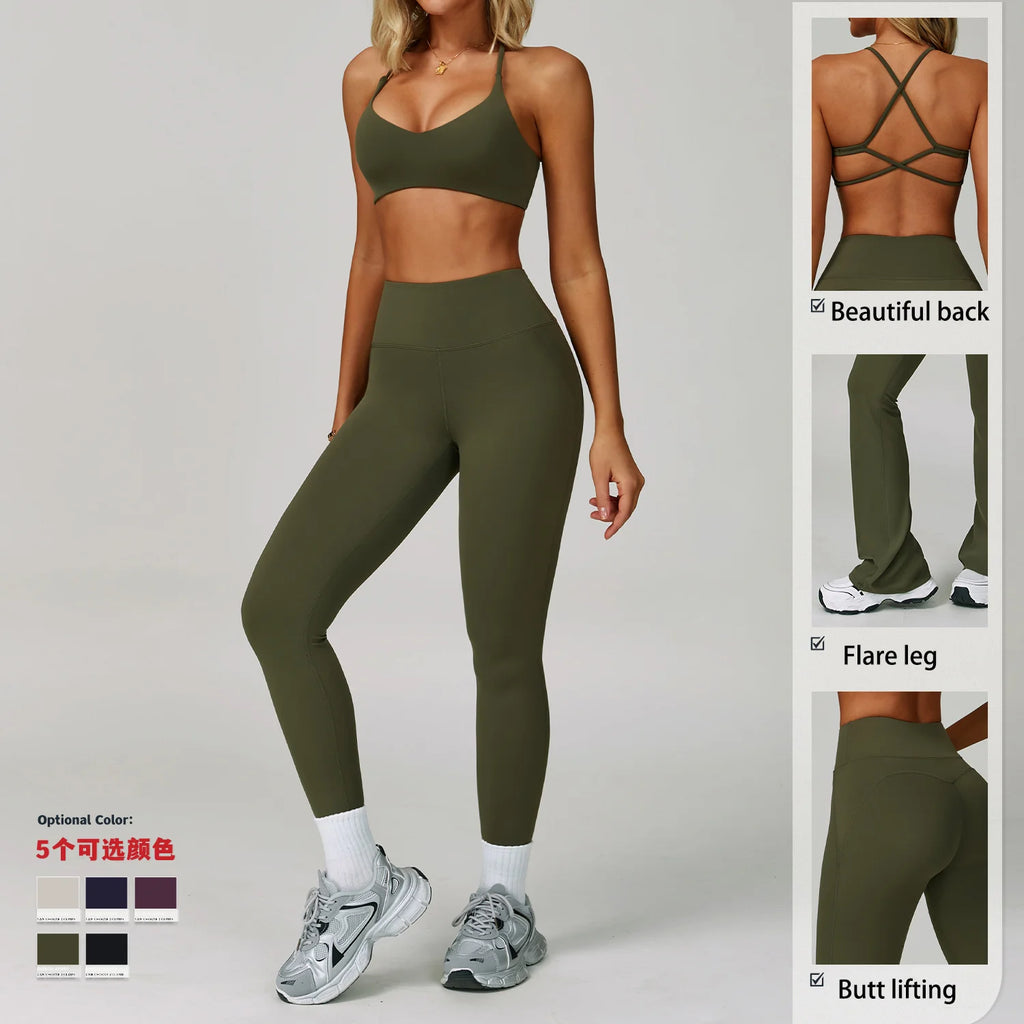Beautiful Back Sports Bra & Flare Legging Set – Women's Nude Feel 2-Piece Gym Set