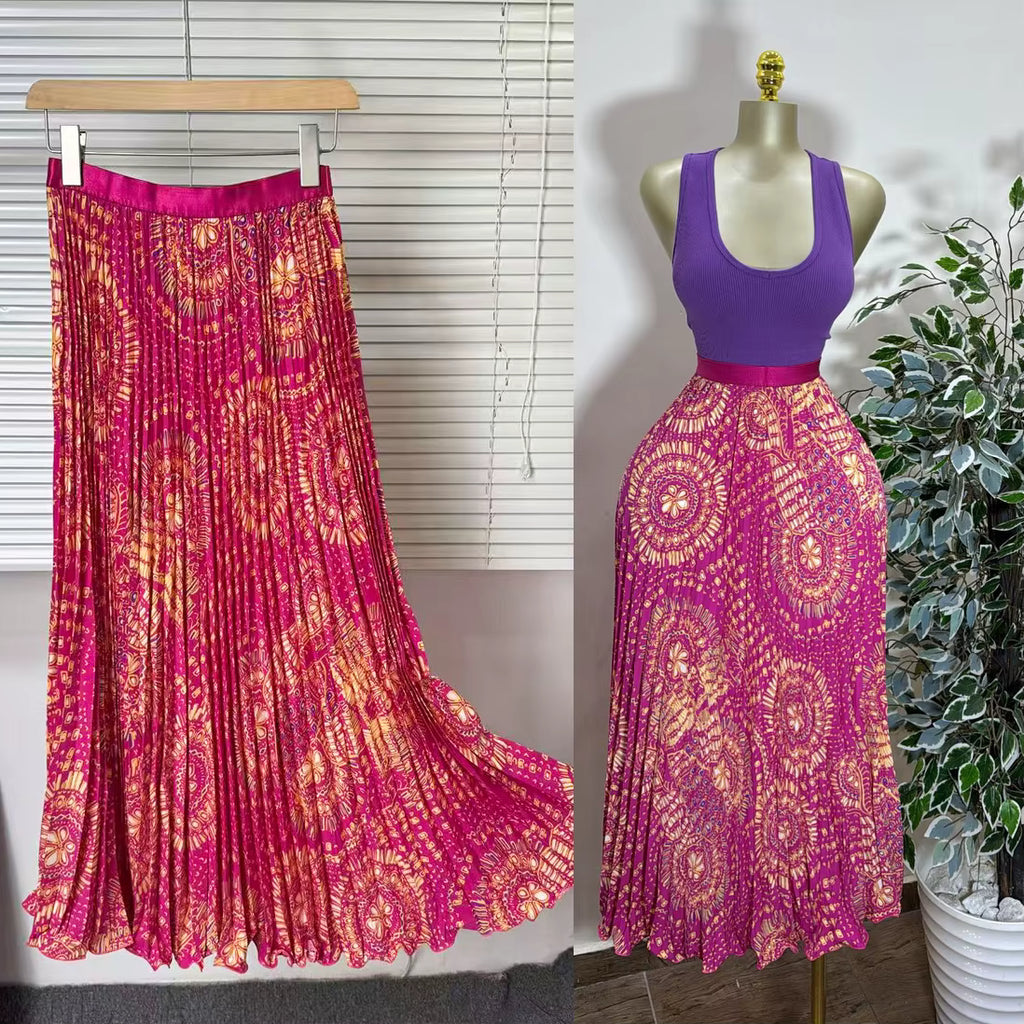 Women's Vintage High Waist Pleated Midi Skirt