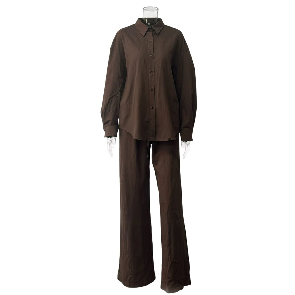 Women's Cotton Lapel Two-Piece Suit – Long Sleeve Top & Drawstring Trousers