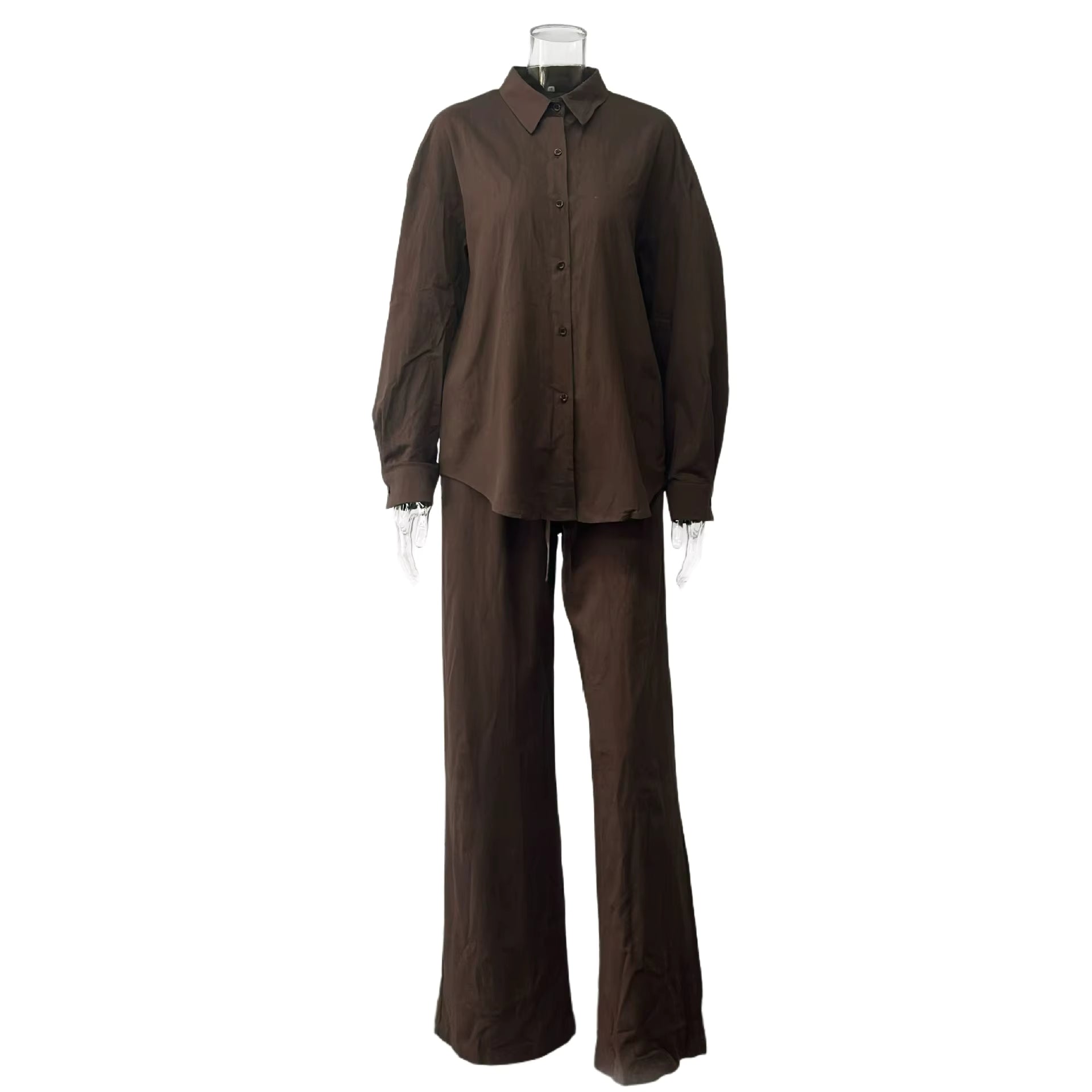 Women's Cotton Lapel Two-Piece Suit – Long Sleeve Top & Drawstring Trousers