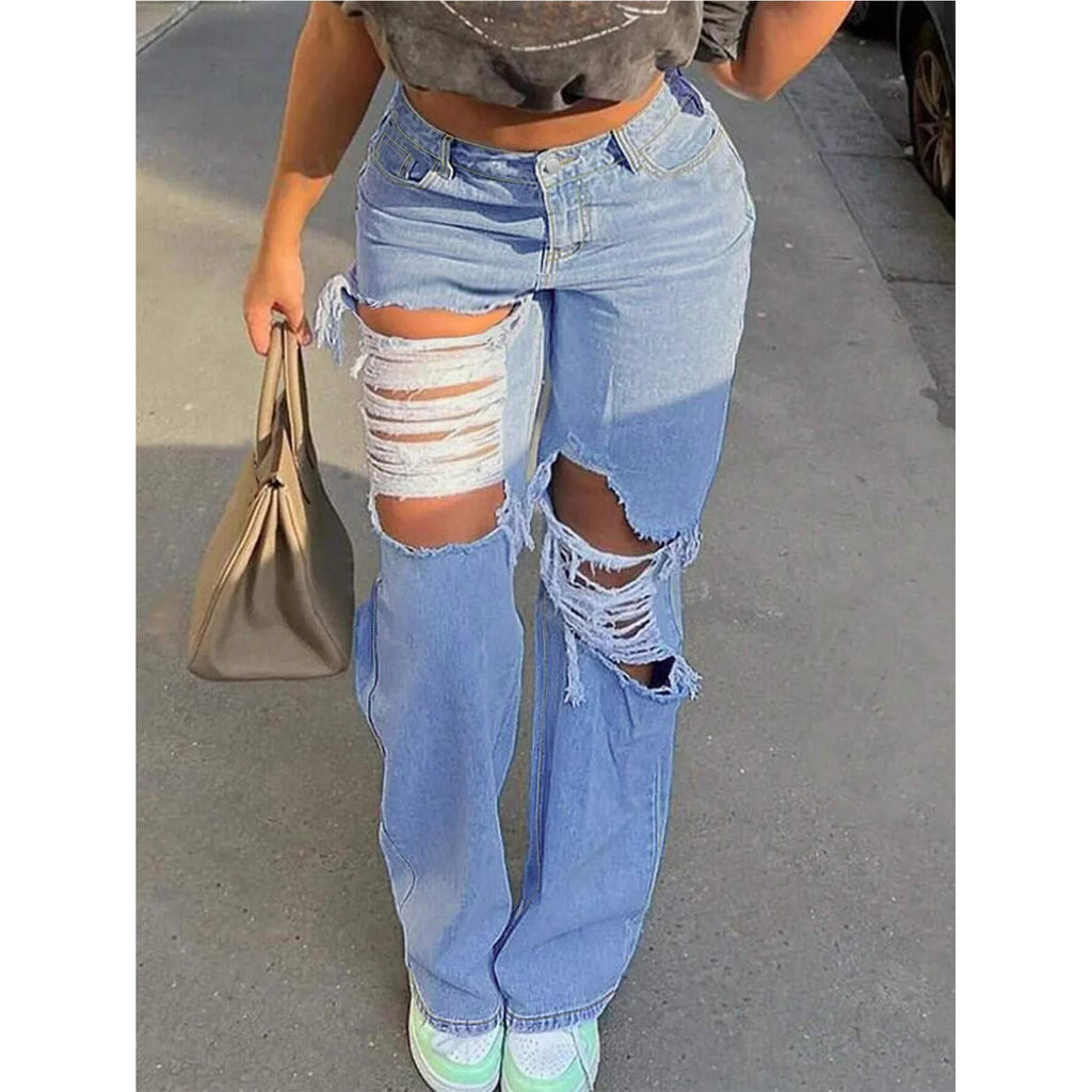 Women's High-Waist Ripped Straight-Leg Jeans
