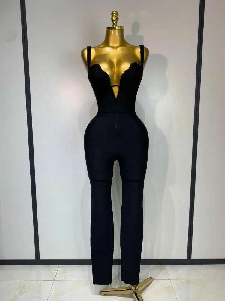 Women's Black Rhinestone V-Neck Jumpsuit | Windia