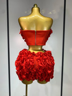 Women's Strapless Red Floral Bodycon Two-Piece Skirt Set
