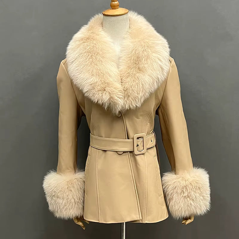 Fox Fur Collar Genuine Sheepskin Leather Coat – Women's Winter Jacket