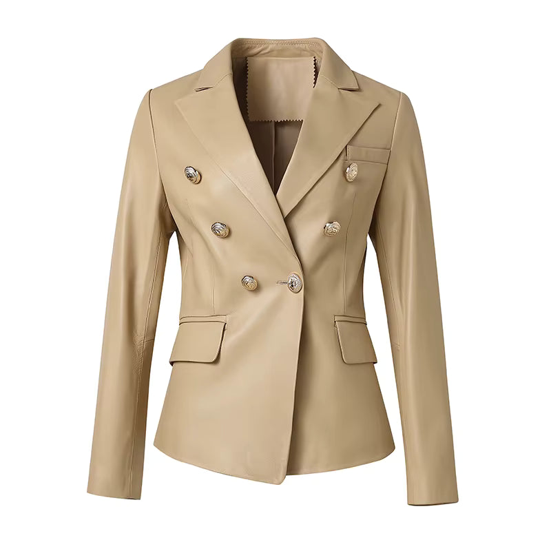 Women's Cropped Sheepskin Leather Double-Breasted Jacket