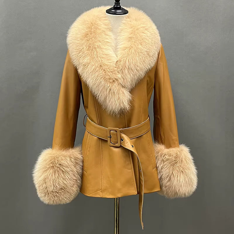 Fox Fur Collar Genuine Sheepskin Leather Coat – Women's Winter Jacket