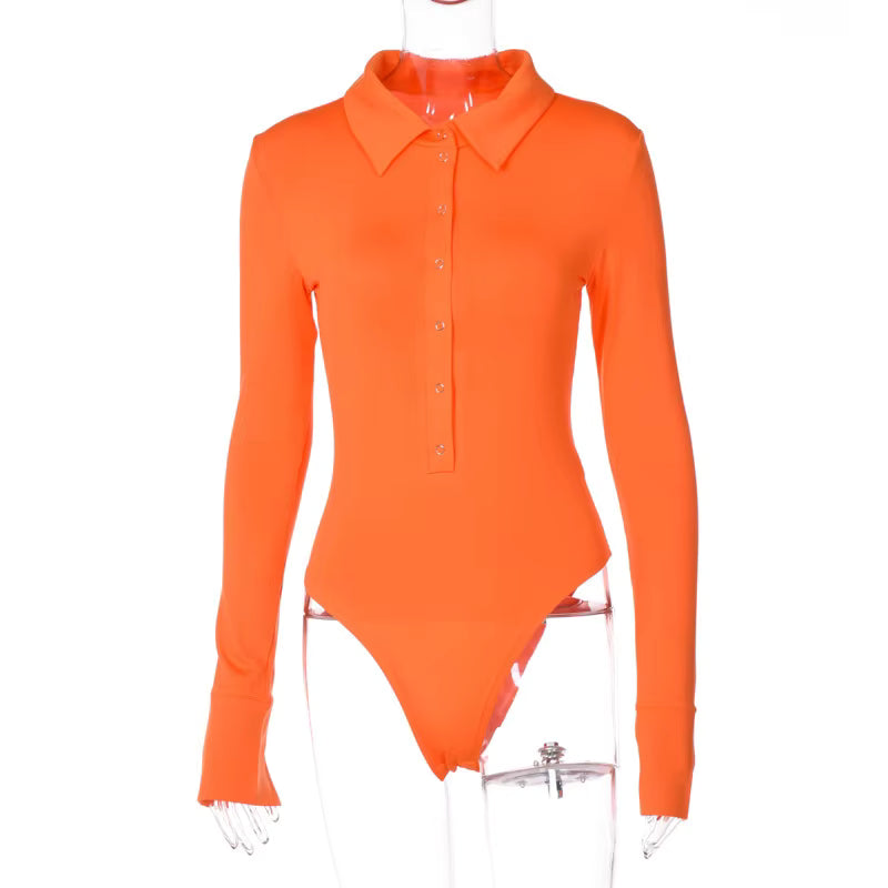Long Sleeve Lapel Women's Bodysuit Jumpsuit