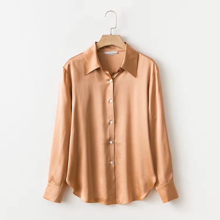 Women's Orange Pearl Silk Satin Lapel Shirt | Luxury Blouse - Windia