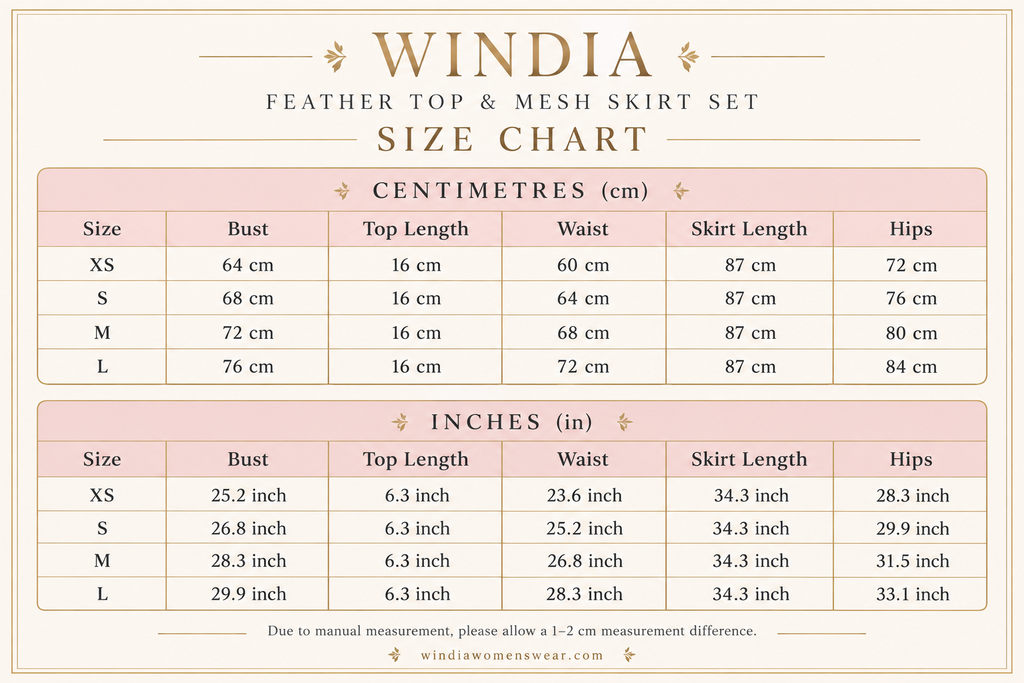 Women's Feather Crop Top & Sheer Mesh Maxi Skirt Set | Size Chart | Windia