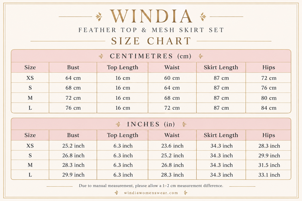 Women's Feather Crop Top & Sheer Mesh Maxi Skirt Set | Size Chart | Windia