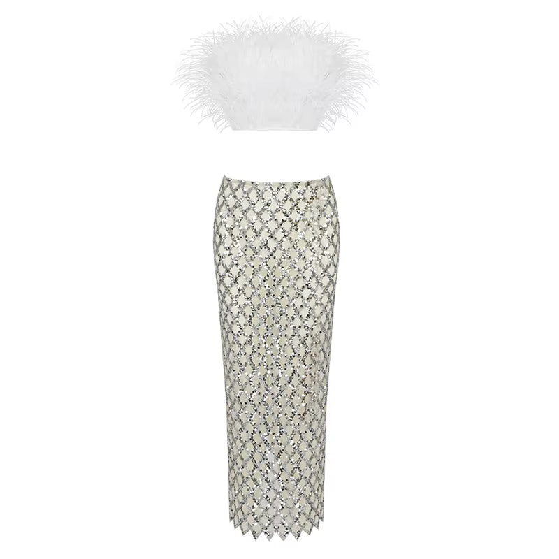 Women's Feather Crop Top & Sheer Mesh Maxi Skirt Set | Windia