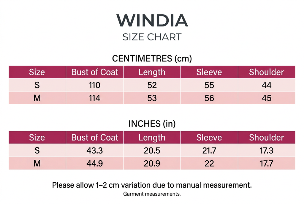 Windia Short Double-Faced Wool Jacket chart