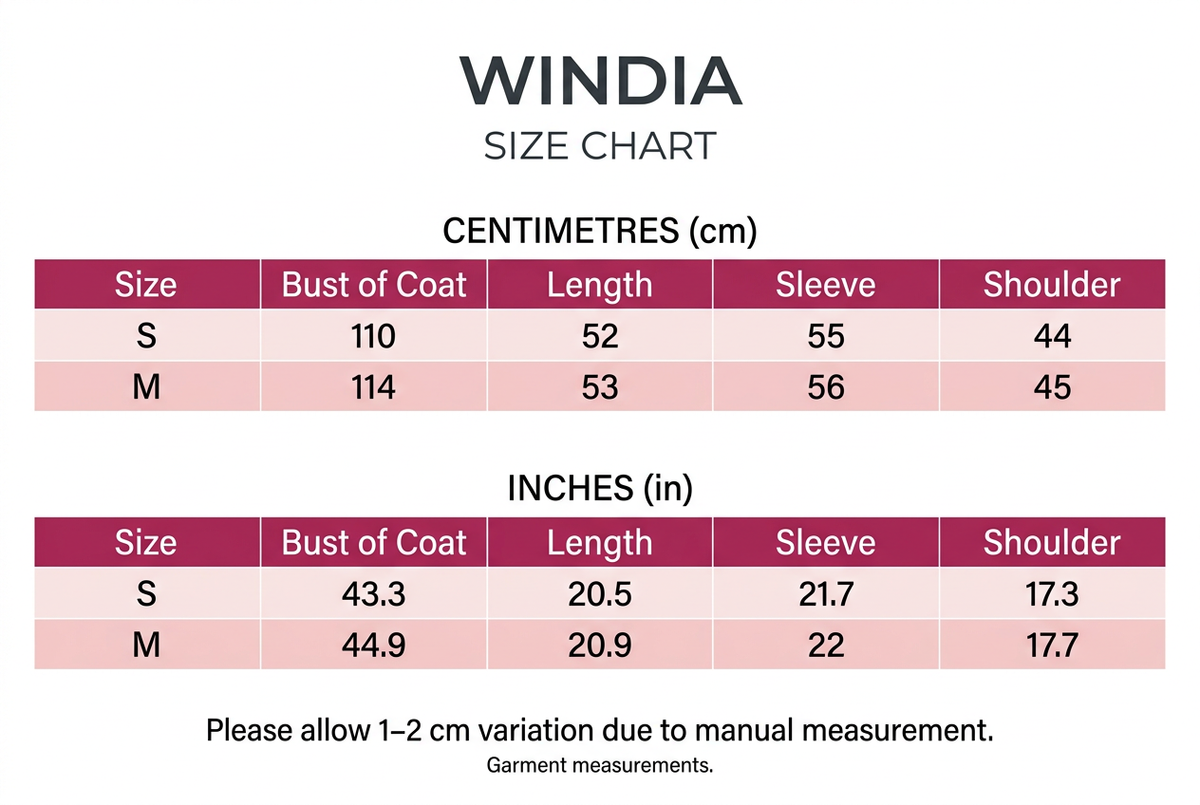 Windia Short Double-Faced Wool Jacket chart