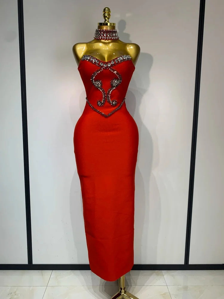 Women's Red Strapless Beaded Bandage Party Dress | Windia