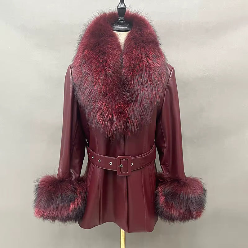 Fox Fur Collar Genuine Sheepskin Leather Coat – Women's Winter Jacket