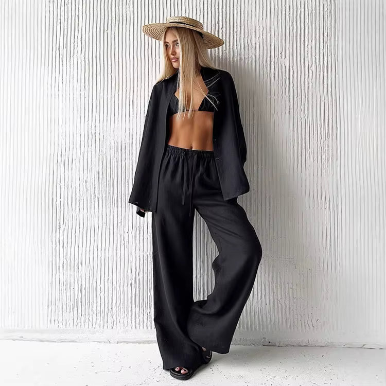 Women's Cotton Lapel Two-Piece Suit – Long Sleeve Top & Drawstring Trousers