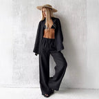 Women's Cotton Lapel Two-Piece Suit – Long Sleeve Top & Drawstring Trousers