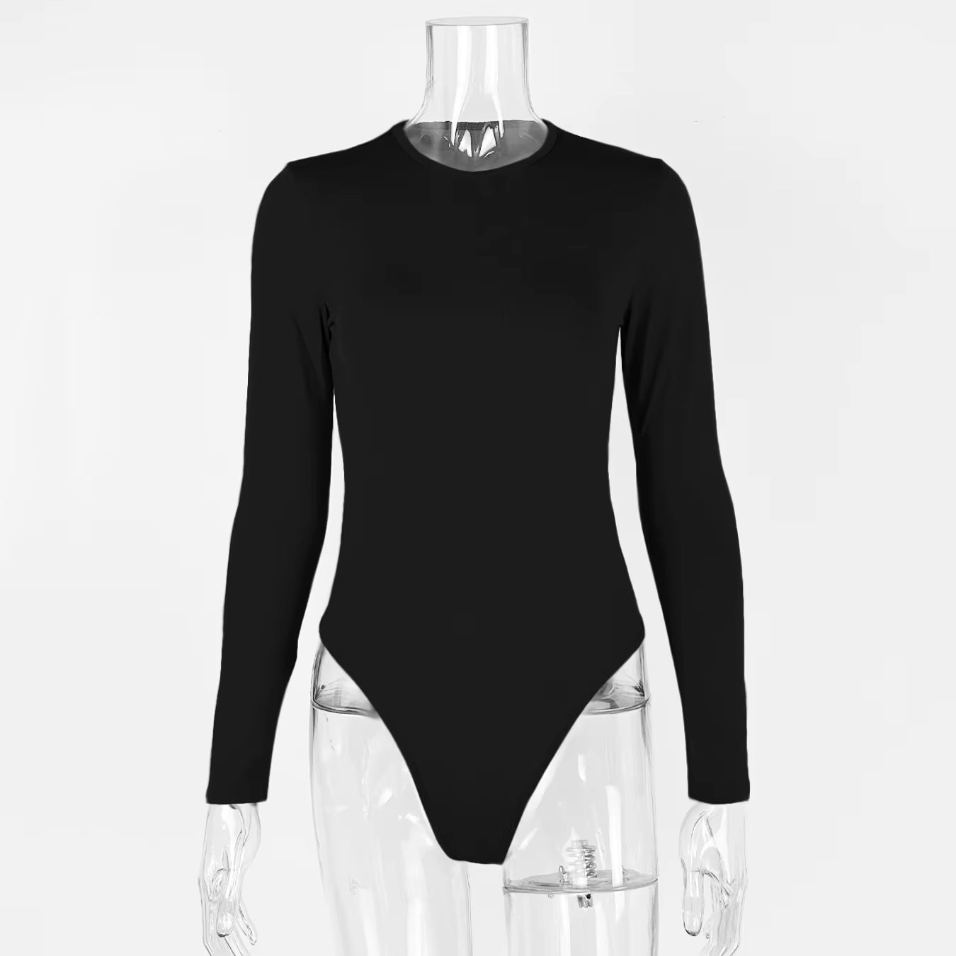 Black long sleeve bodysuit with a crew neck displayed on a clear plastic mannequin.