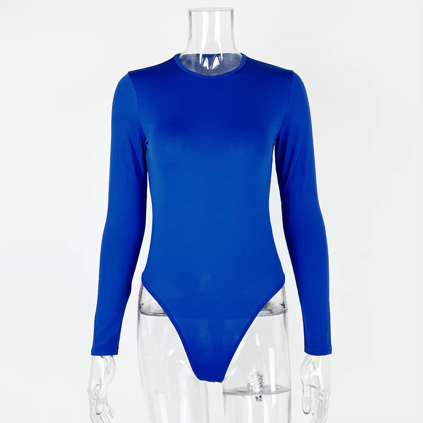 Blue long sleeve fabric bodysuit with a crew neck displayed on a clear plastic mannequin.
