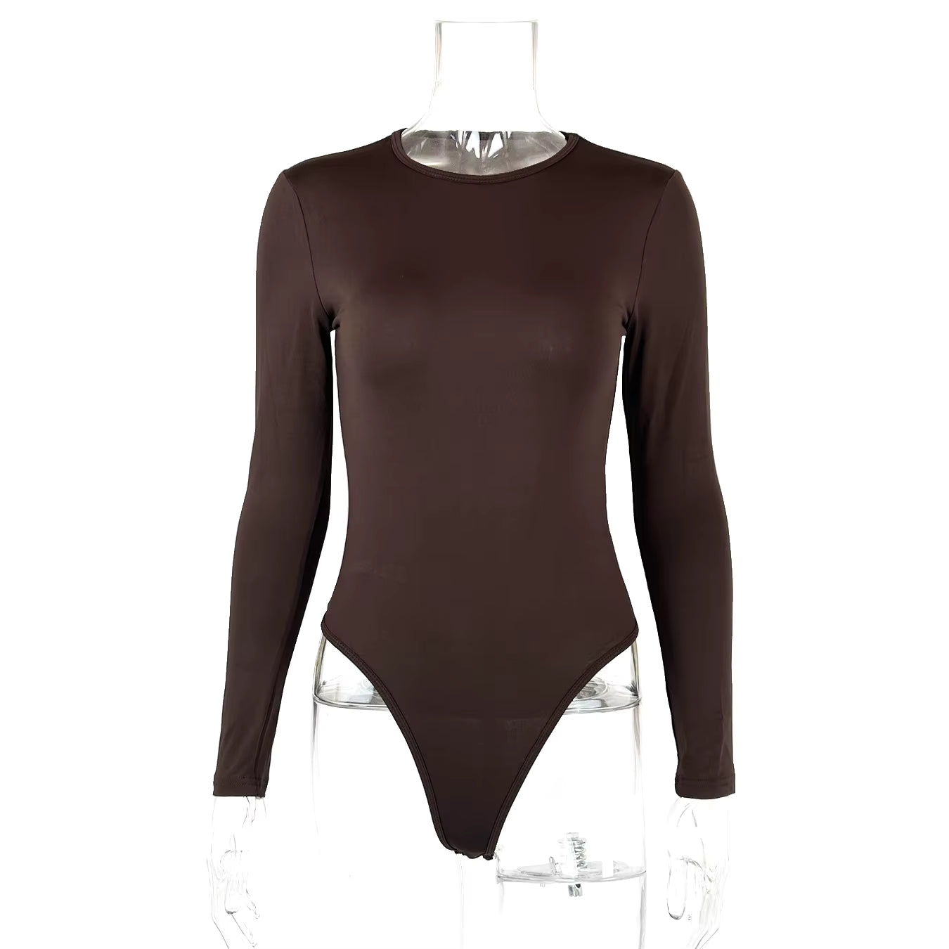 Brown long sleeve fabric bodysuit with a crew neck displayed on a clear mannequin.