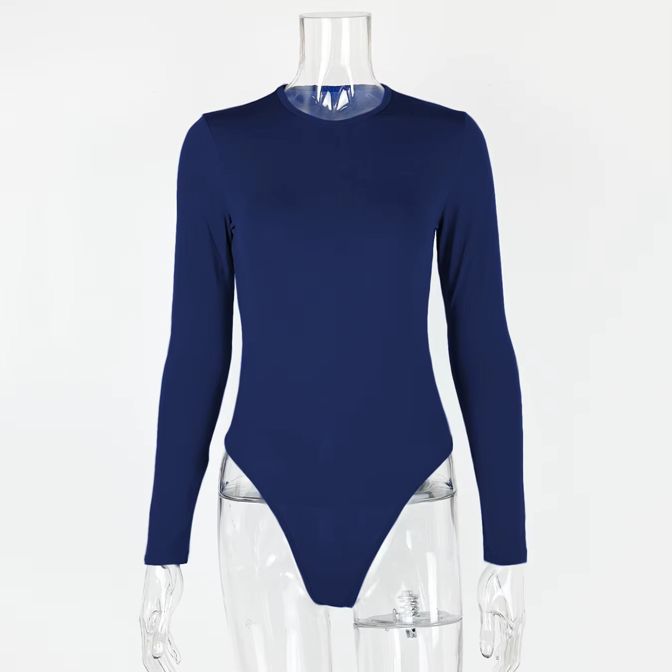 Navy blue long sleeve fabric bodysuit with a crew neck displayed on a clear plastic mannequin.