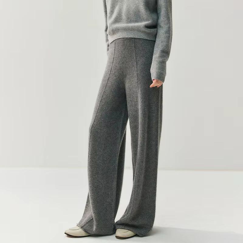 Women's Wool Cashmere Knitted Wide Leg Pants – High Waist Loose Straight Trousers