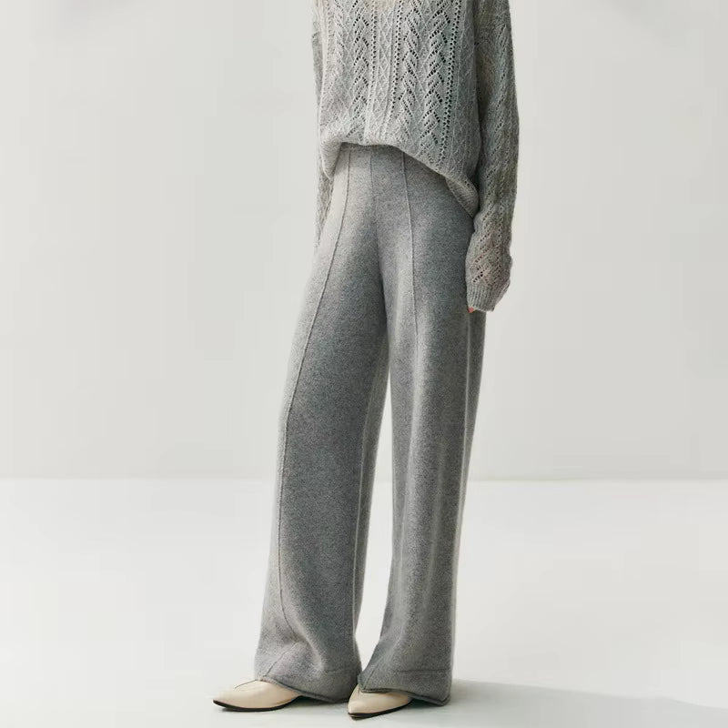 Women's Wool Cashmere Knitted Wide Leg Pants – High Waist Loose Straight Trousers M Windia