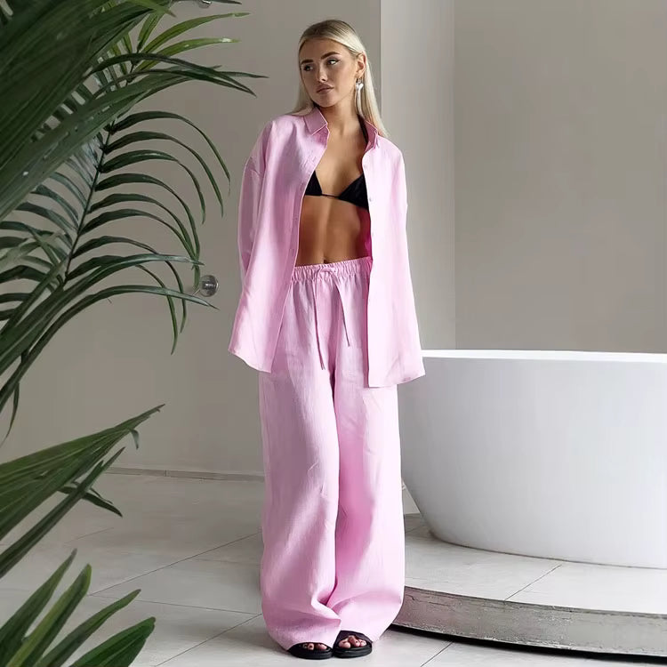 Women's Cotton Lapel Two-Piece Suit – Long Sleeve Top & Drawstring Trousers