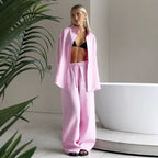 Women's Cotton Lapel Two-Piece Suit – Long Sleeve Top & Drawstring Trousers