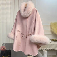 Women's Pink  Real Fox Fur Trim Wool Poncho Coat  | Windia