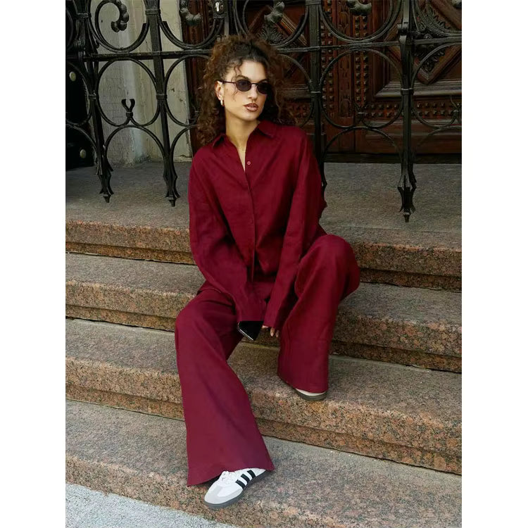 Women's Cotton Lapel Two-Piece Suit – Long Sleeve Top & Drawstring Trousers