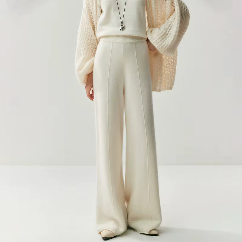 Women's Wool Cashmere Knitted Wide Leg Pants – High Waist Loose Straight Trousers