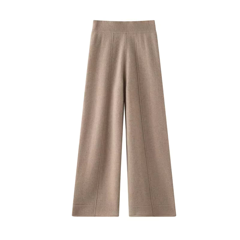 Women's Wool Cashmere Knitted Wide Leg Pants – High Waist Loose Straight Trousers