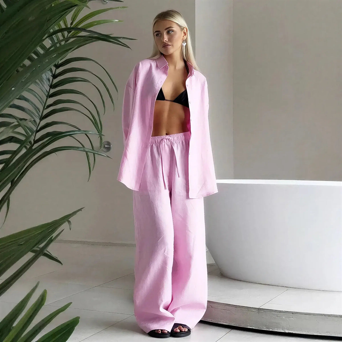 Women's Pink Cotton Lapel Two-Piece Suit – Long Sleeve Top & Drawstring Trousers | Windia