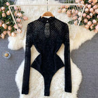 Women's Lace Mesh Jumpsuit – Long Sleeve O-Neck Slim-Fit Embroidered Bodysuit | Variant Colour Black