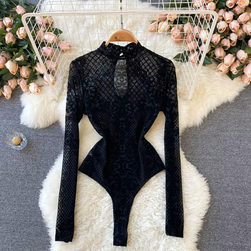 Women's Lace Mesh Jumpsuit – Long Sleeve O-Neck Slim-Fit Embroidered Bodysuit | Variant Colour Black