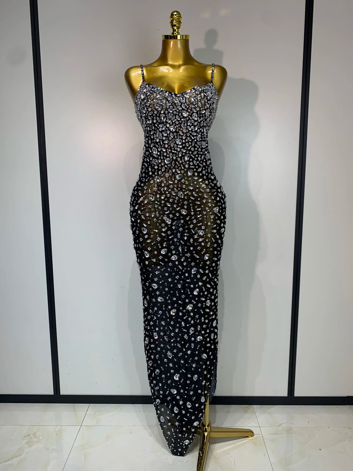 Women's Black Rhinestone Mesh Evening Gown | Windia