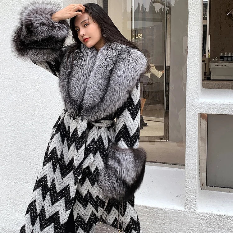 Fox Fur Collar and Cuffs Women's Cashmere Wool Overcoat – Handmade Houndstooth Luxury | Windia