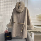 Women's Light Brown Real Fox Fur Trim Wool Poncho Coat  | Windia