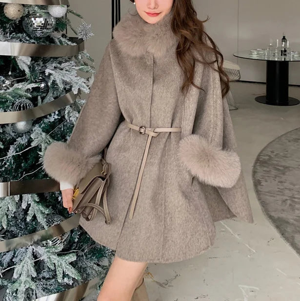 Women's Light Brown Real Fox Fur Trim Wool Poncho Coat  | Windia