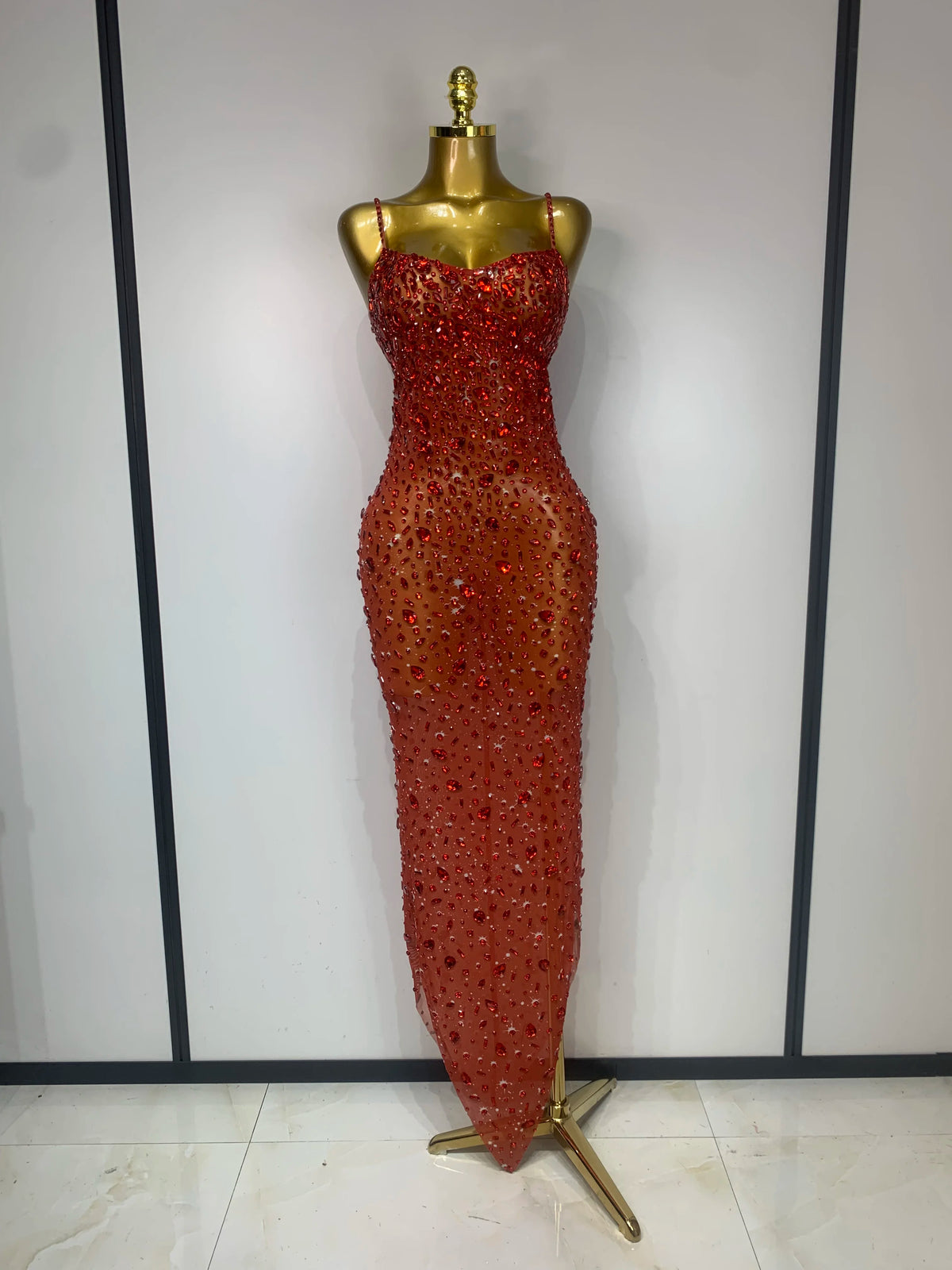 Red Rhinestone Mesh Evening Gown | Windia
