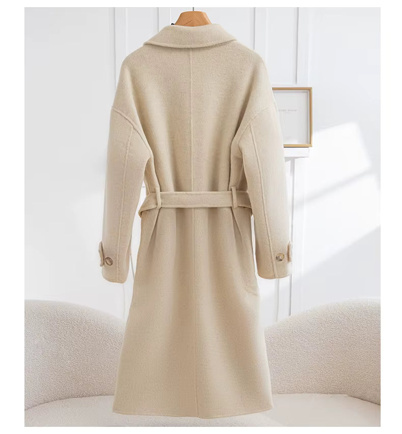 Women's Long Wool Coat | Double-Breasted V-Neck | Windia