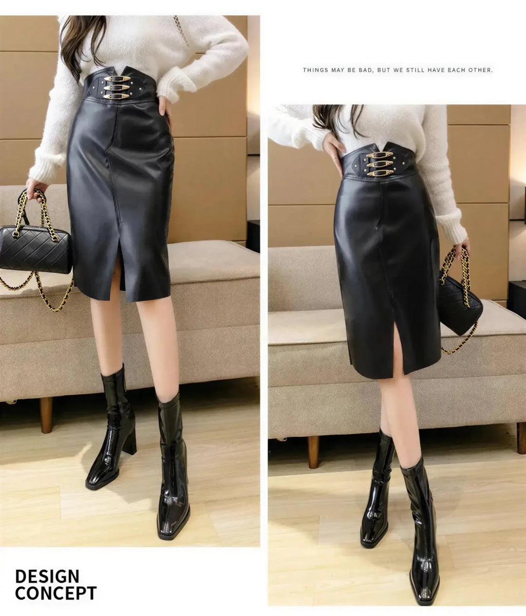 Black High Waist Leather Pencil Skirt for Women XS Windia